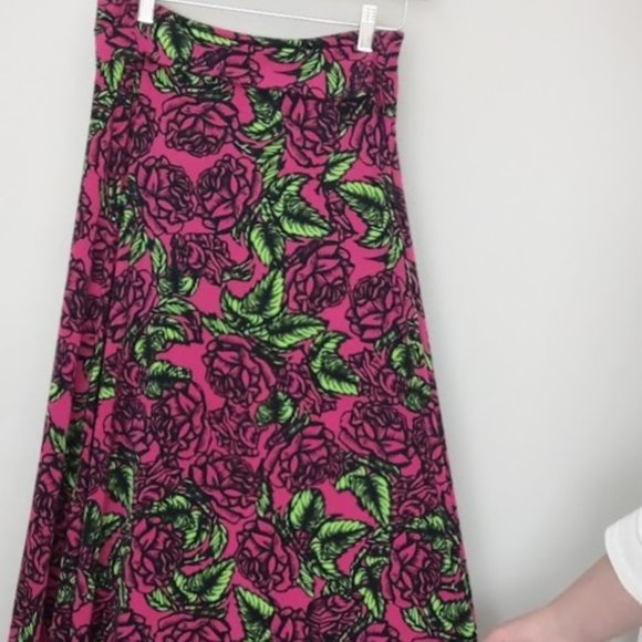 LuLaRoe Vibrant Pink Rose Print Maxi Skirt - Picture 3 of 8
